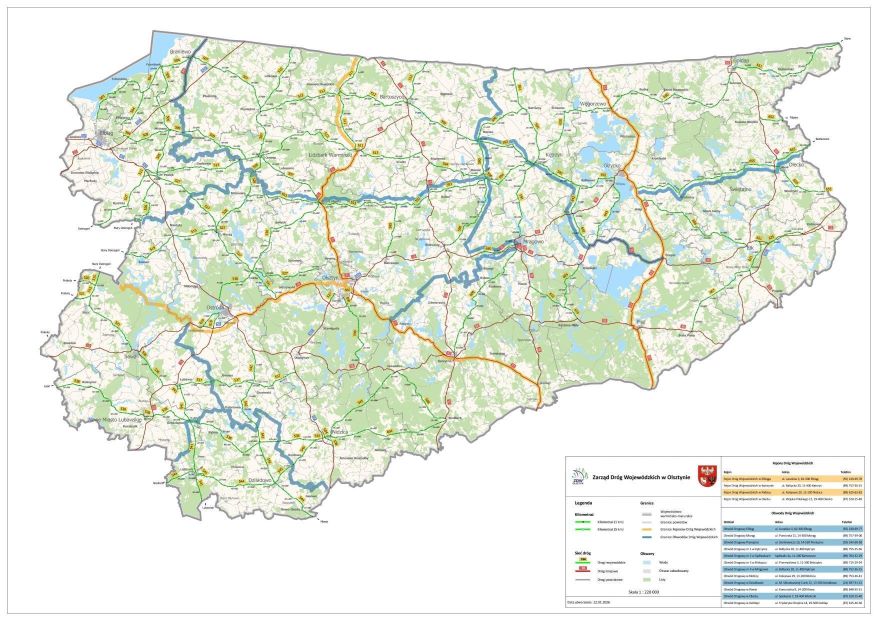 Mapa sieci dróg wojewódzkich w województwie warmińsko-mazurskim z podziałem na rejony i obwody